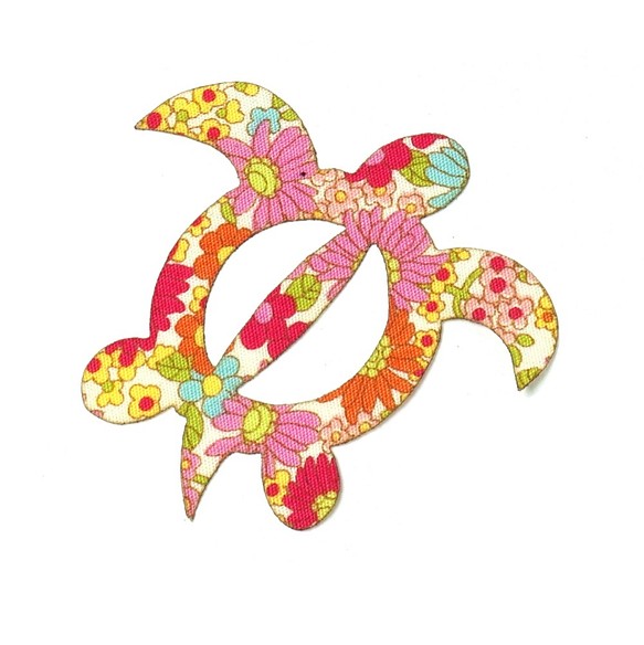 花柄 ピンク  ホヌ （ウミガメ）モチーフ アップリケ ワッペン アイロン接着可能 ５枚セット 1枚目の画像