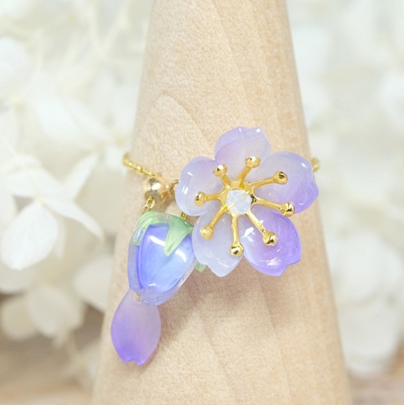 桜蕾チェーンリング（フリーサイズ）♥自分だけの春を待つ -青紫色