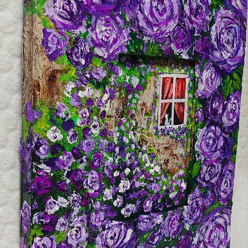 油絵 絵画【猫と紫の薔薇】-