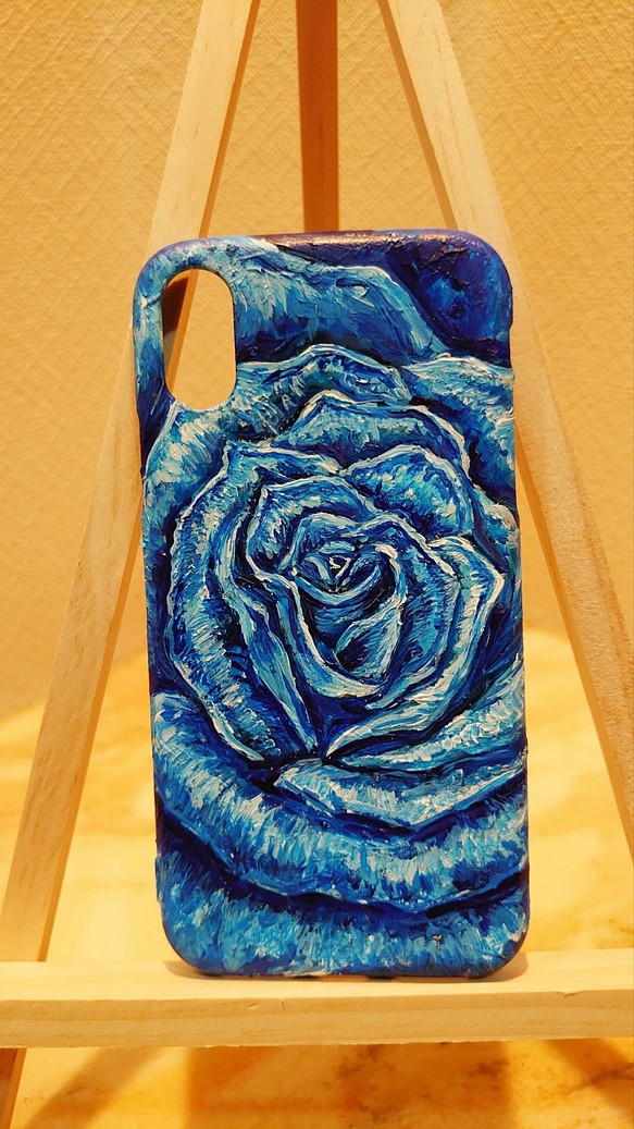 油絵 手作りスマホケース【青い薔薇】iPhoneX/XS 1枚目の画像