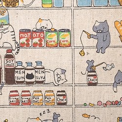 キャンバス 生地【50×110cm】 商品棚とねこ 猫柄 ネコ ねこ スーパー かわいい 綿麻 コットンリネン 生成 1枚目の画像