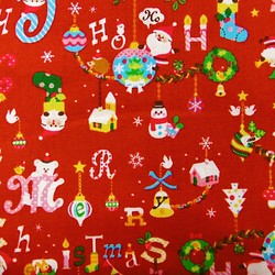 シーチング 生地 布【50×110cm】クリスマス サンタクロース リース パーティ 赤 1枚目の画像