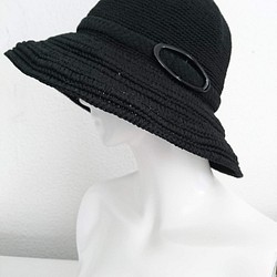 Yuu　コットンツバ広ハット手編み帽子　畳める帽子サイズ調整機能付き（黒） 1枚目の画像