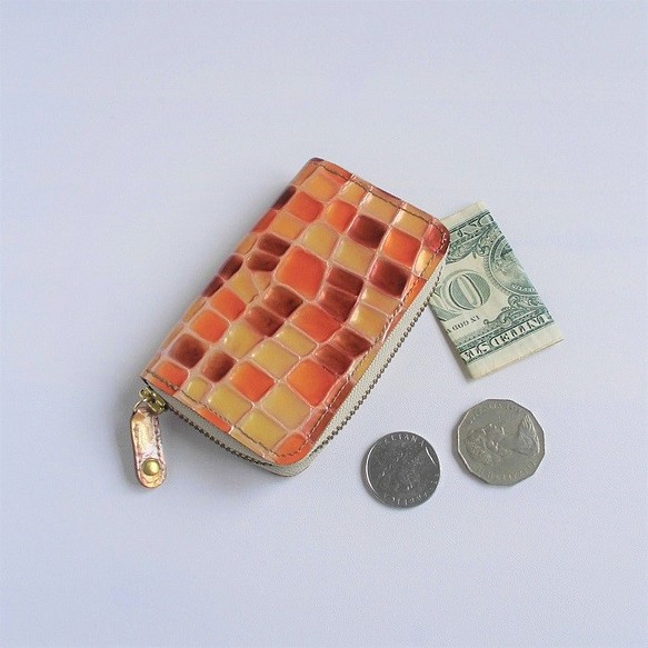 コインケース　牛革　(チェリー系オレンジ　ステンドグラス)　小銭入れ 1枚目の画像