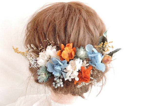 結婚式　卒業式　成人式　髪飾り 　ヘッドドレス　青とオレンジ　ドライフラワー　プリザーブドフラワー