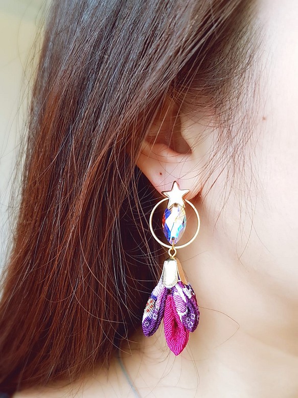 施華洛 Swarovski 手縫石和風紫色併花耳環 第1張的照片