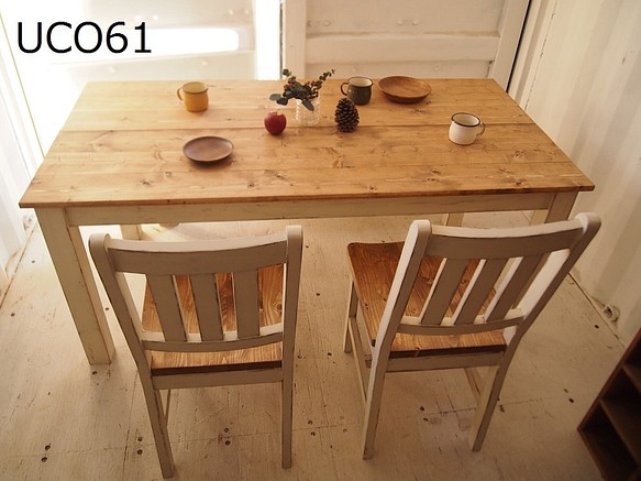 ダイニングテーブル【1700×800】(アンティーク加工・ミディアム×ホワイト）アンティーク風・天然無垢材 1枚目の画像