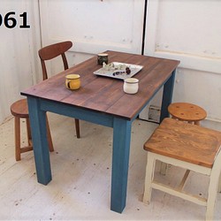 ダイニングテーブル【1700×700】（ツートン・チーク×ブルー）アンティーク風・天然無垢材 1枚目の画像
