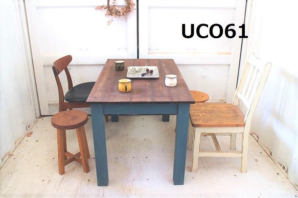 【むう様】ダイニングテーブル【1700×700×670】（ツートン・チーク×ブルー）アンティーク風・天然無垢材 1枚目の画像