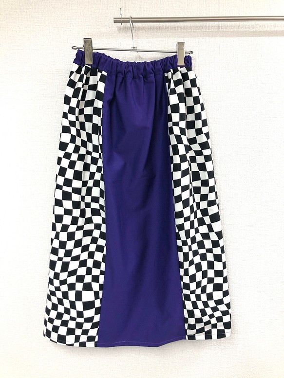 ウェーブチェッカーフラッグ ×パープル　コットン スリットロングスカート 1枚目の画像