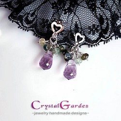 [Crystal Garden]トルマリン‧アメジスト925シルバーホワイトKデザインピアス 1枚目の画像