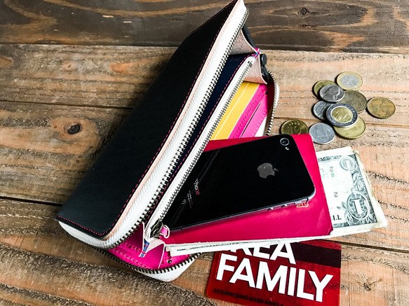 【送料無料】色を楽しむ使えるお財布！「ラウンドジップ財布」スマホもＯＫ！受注生産（RZW-KPYT-NPP-R)Ⅲ 1枚目の画像
