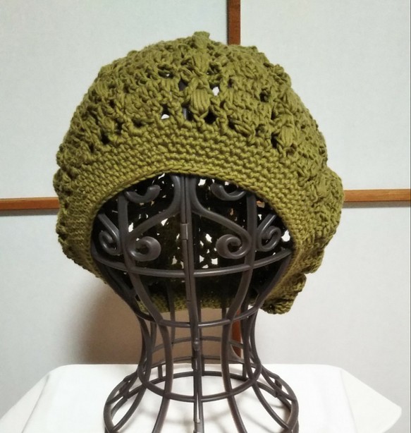 手編みのコットンベレー帽 1枚目の画像