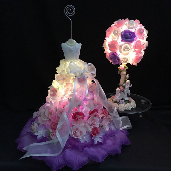 ウェディングドレス ウェルカムドール  アンティーク調ライト 間接照明 ランプ ライト 花 フラワー 写真たて 1枚目の画像