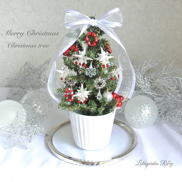 <一点物>　Petit Tree プティツリー　ホワイト×レッド　クリスマスオーナメント付き　約30センチ　クリスマスツ 1枚目の画像