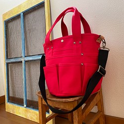 【受注製作】バケツ型バッグ（大）ハタラキモノ ショルダー付き　８号帆布　赤 1枚目の画像