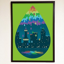 ポスター「しずくの街 ライトグリーン」絵本のようにかわいいポップアート絵画 北欧イラスト 1枚目の画像