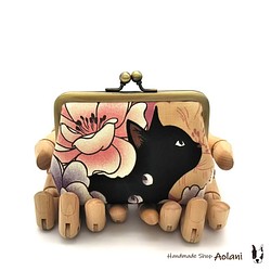 ◇像和服一樣的黑貓和牡丹花☆Gamaguchi小袋10.5厘米◇淡粉色 第1張的照片