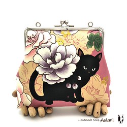 [限定]◇可以裝的錢包袋・母子筆記本套◇黑貓和牡丹 第1張的照片