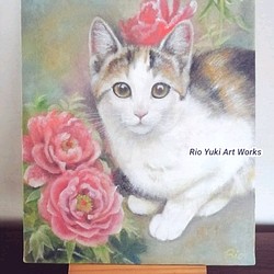 子猫と牡丹の絵　油絵原画「清秀」 1枚目の画像