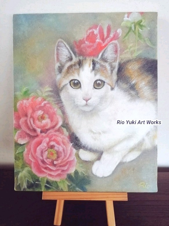 子猫と牡丹の絵　油絵原画「清秀」 1枚目の画像