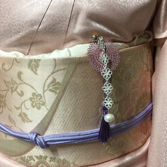 大粒真珠 揺れる簪 房飾り 根付け 和小物 紫 鈴 髪飾り パール 1枚目の画像