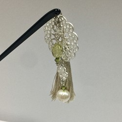 大粒真珠 揺れる 簪 グリーン水晶 房飾り 髪飾り 根付け パール 和小物 帯飾り 送料無料 1枚目の画像