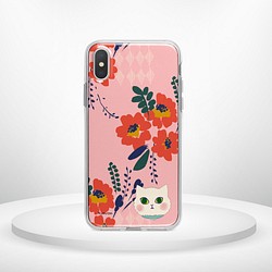 【再販】レトロ花柄 白ねこ ピンク iPhoneケース android スマホケース ほぼ全機種対応 cat100 1枚目の画像