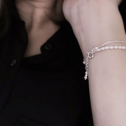 925純銀 微光 半弧形米粒珍珠 手鍊 第1張的照片
