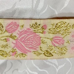 ジャガード織りリボン　ピンク薔薇柄 1枚目の画像