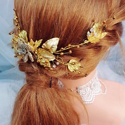 花園式金色新娘頭飾飾品三件式 第1張的照片