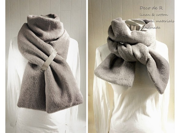 蓬鬆羊毛的圍巾玫瑰灰色 第1張的照片