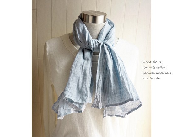靛藍染色亞麻單紗布面巾淺藍色 第1張的照片