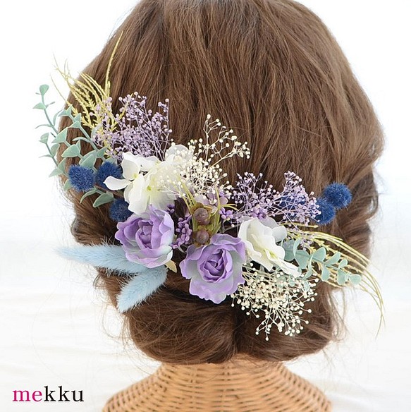 髪飾り・ヘッドドレス・結婚式・成人式・卒業式・プリザーブドフラワー・かすみ草・紫