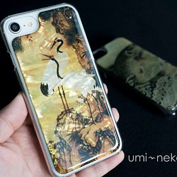 多機種対応 スマホケース 樹脂加工 【 螺鈿 和柄 鶴 鯉 】 天然貝 螺鈿アート iPhone MN07U 1枚目の画像