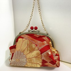 Sale 浴衣にぴったり❣️荷物 がま口帯バッグ クラッチ&手提げ ショルダー （赤 菊) 1枚目の画像