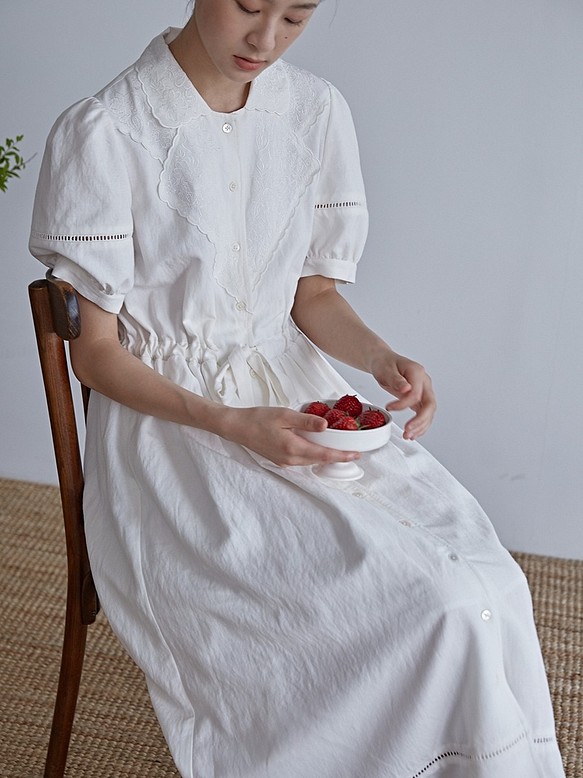 送料無料 新品 繊細な刺繍でお洒落を格上げる白ワンピースロングワンピースコットン リネン 麻 綿麻ワンピース