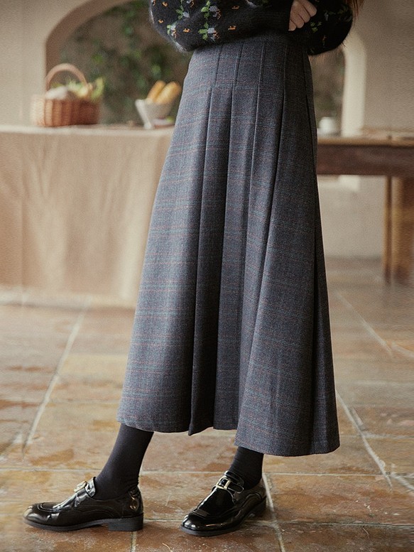 ヴィンテージ感溢れ　冬のプリーツスカート　チェック柄　ロングスカート　ウール混
