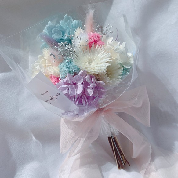 再販×8 チュールリボン♡pink♡ドライフラワーの花束 シャーベットカラー 1枚目の画像