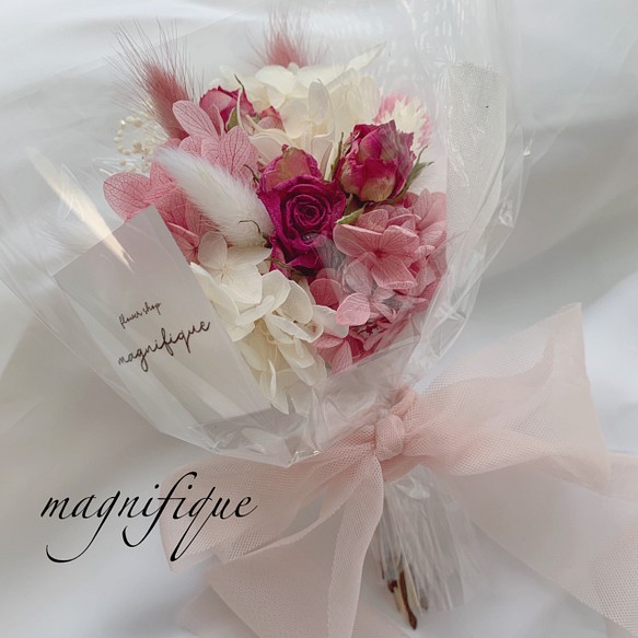 残りわずかです！再販×4 チュールリボンシリーズ♡pink♡ドライフラワーの花束 1枚目の画像