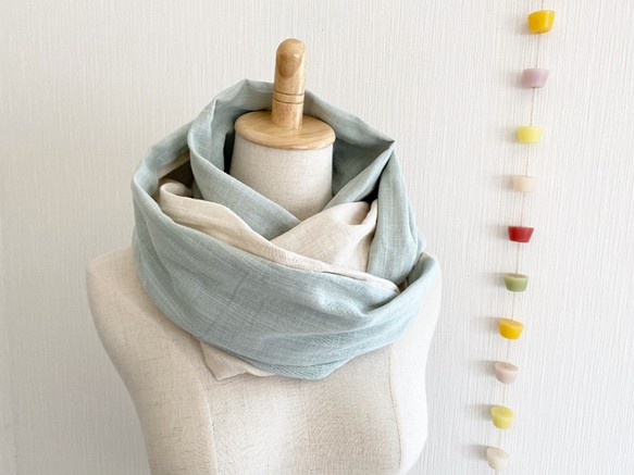 日本製造♡蓬鬆雙層紗布圍脖♡混色薄荷綠x香草奶 第1張的照片