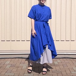棉麻喇叭形襯衫裙 * 寶藍色 第1張的照片