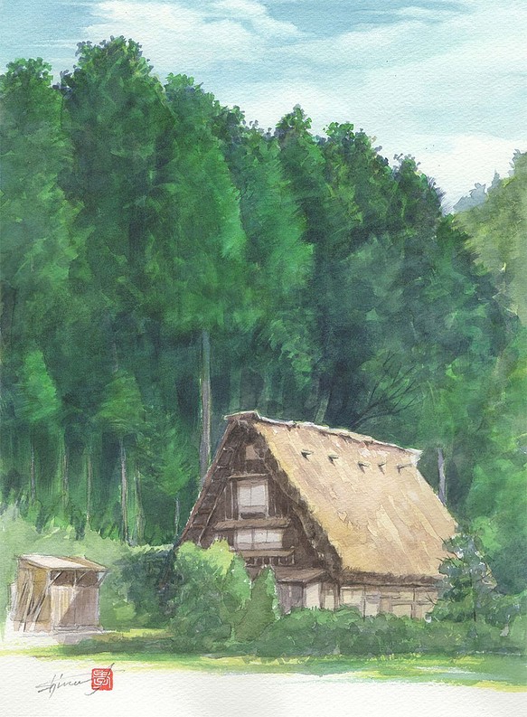 オリジナルアート作品「新緑の古民家」水彩、手描き原画 1点物。 www