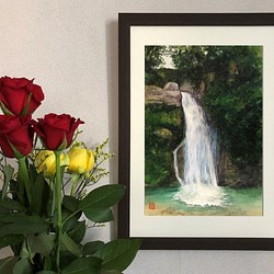 水彩アート「里の滝」手描き　1点物　真筆（額装済み） 1枚目の画像