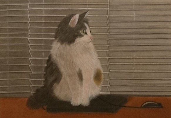 A4サイズ【手描き原画★１点もの】パソコンに乗る猫【マット入りの額つき】 1枚目の画像