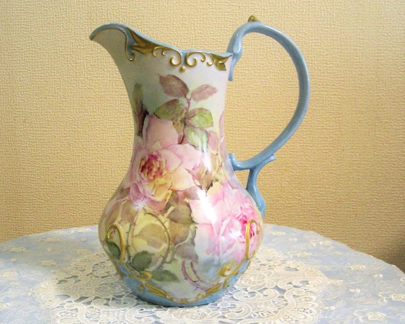 手描き上絵付♡hand painted rose pitcher  (水差し）高さ27㎝ 1枚目の画像