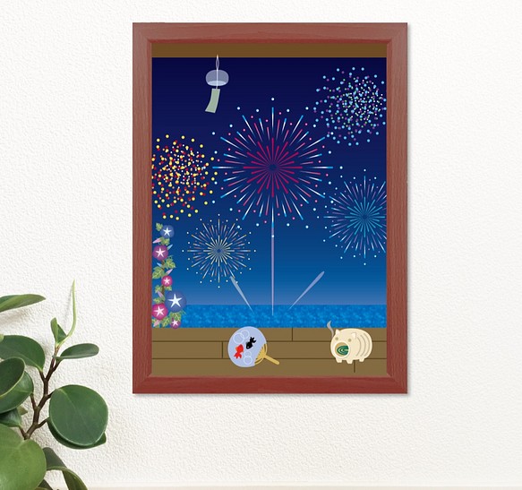 日本の夏、花火と蚊取り豚のアートポスター 1枚目の画像