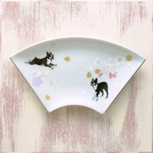 桜走るボストンテリアの扇皿 1枚目の画像