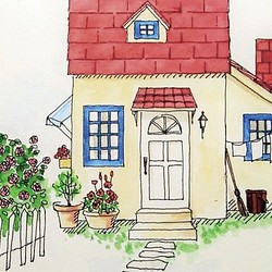 ♥お値下げ 幸せの赤い屋根の家  /  お家シリーズ　＊額装付き手描き水彩画＊　送料無料 1枚目の画像