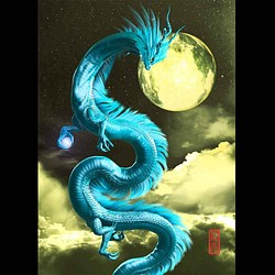 龍の絵「月と青龍・明るめ」自作A4　竜の絵 1枚目の画像